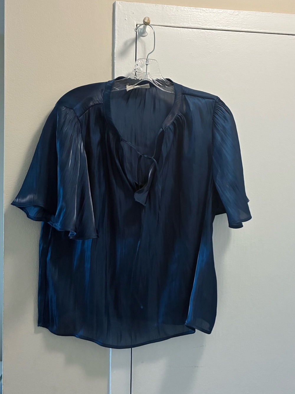 Women's Navy Tie-Neck Flutter Sleeve Blouse
